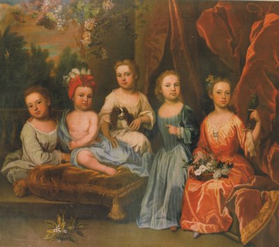 A Portrait Group of the Smith Children on a Terrace with a Spaniel, Basket of Flowers and a Parakeet by James Maubert